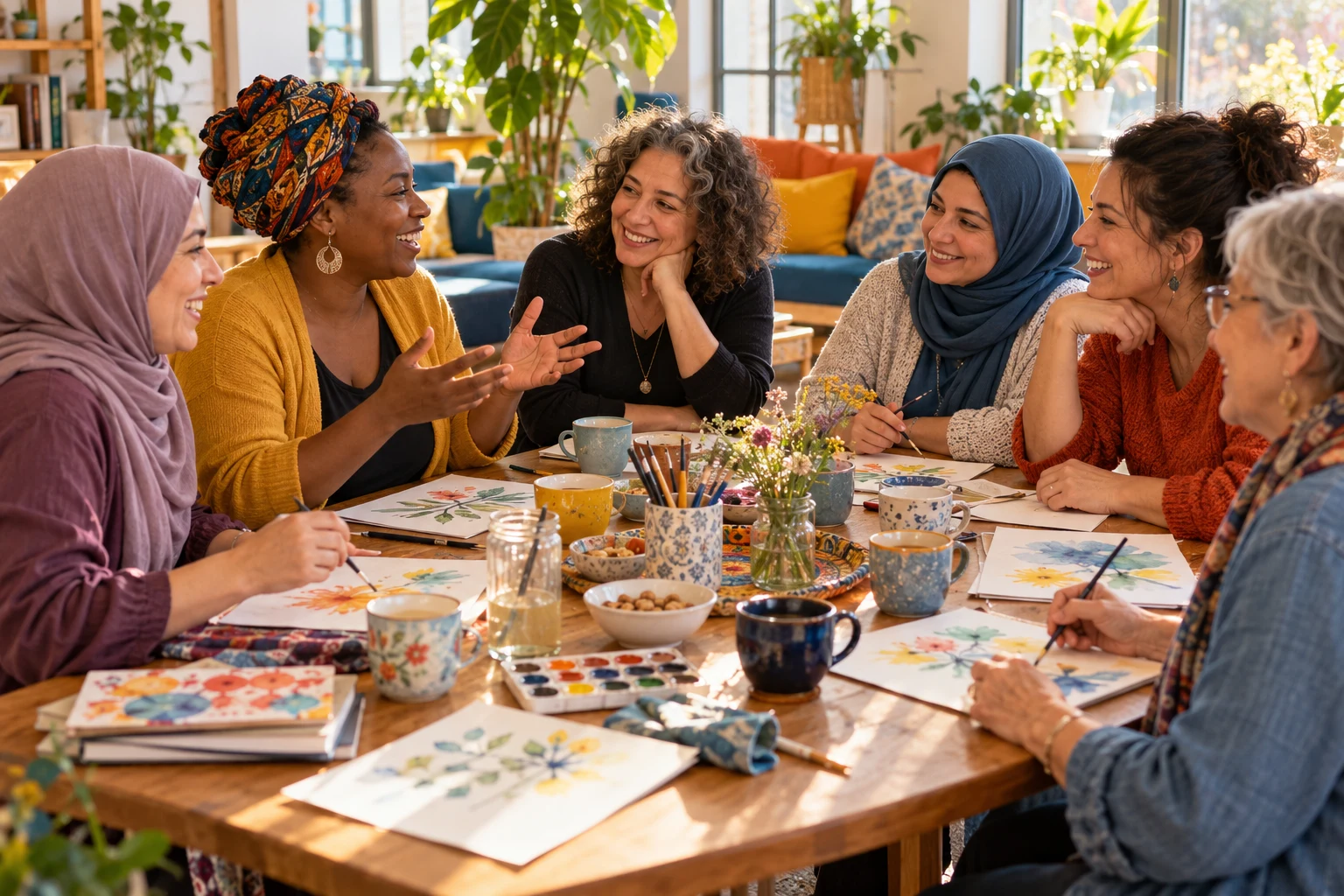 Des femmes de différentes origines échangent autour d’une activité créative au centre communautaire